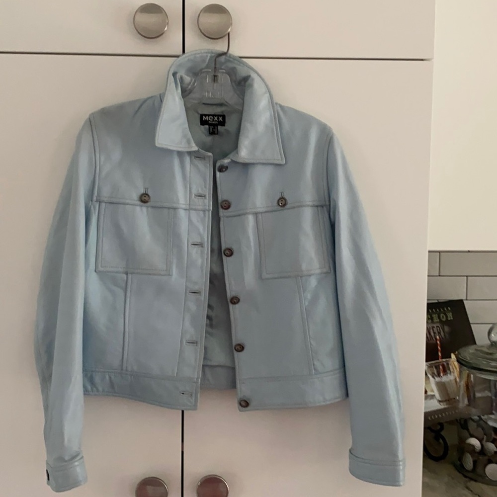 Baby blue, butter leather jean jacket
